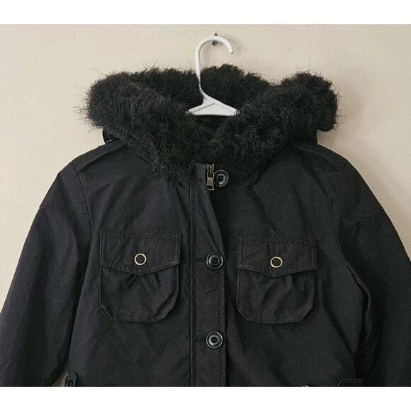 Banana Republic Women Black Solid Faux Fur Hooded Parka Jacket Down Size Small - Picture 2 of 6